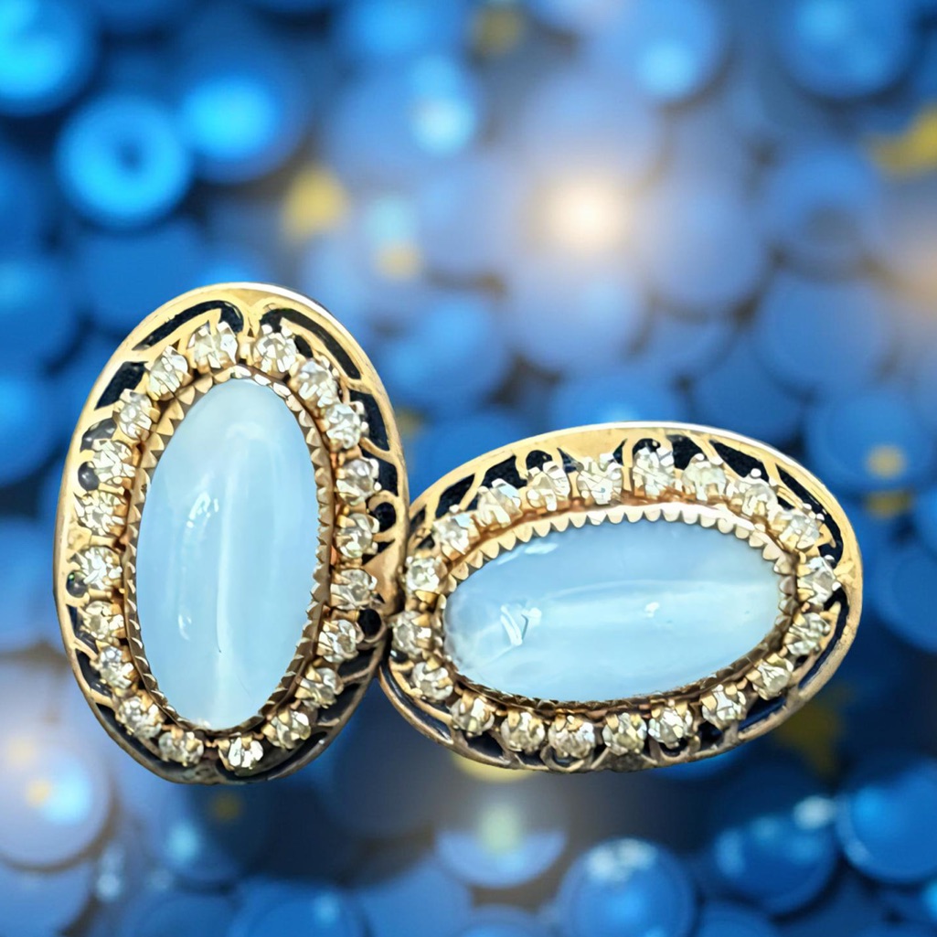 1920s Martelli Sterling Blue Cat’s Eye Glass Deco Earrings